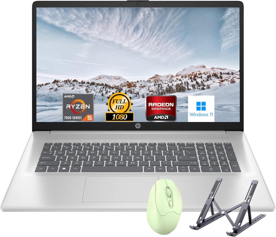 HP 17.3″ Laptop, Full HD (1920 * 1080) Display, AMD Ryzen 5 Processor (Beats i7-11370H), 16GB RAM, 1TB SSD, Windows 11 Home, Webcam, Wi-Fi, Bluetooth, Natural Silver, Alpacatec Accessory