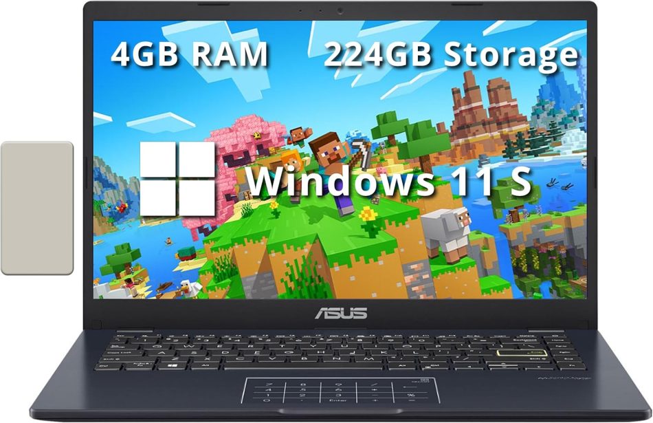 ASUS 14″ FHD Laptop, Intel Celeron N4500 Processor, 4GB RAM, 224GB Storage(64GB eMMC+160GB Docking Station Set), Intel Iris Xe Graphics, 720P Camera, Bluetooth, Win 11 S, Quiet Blue