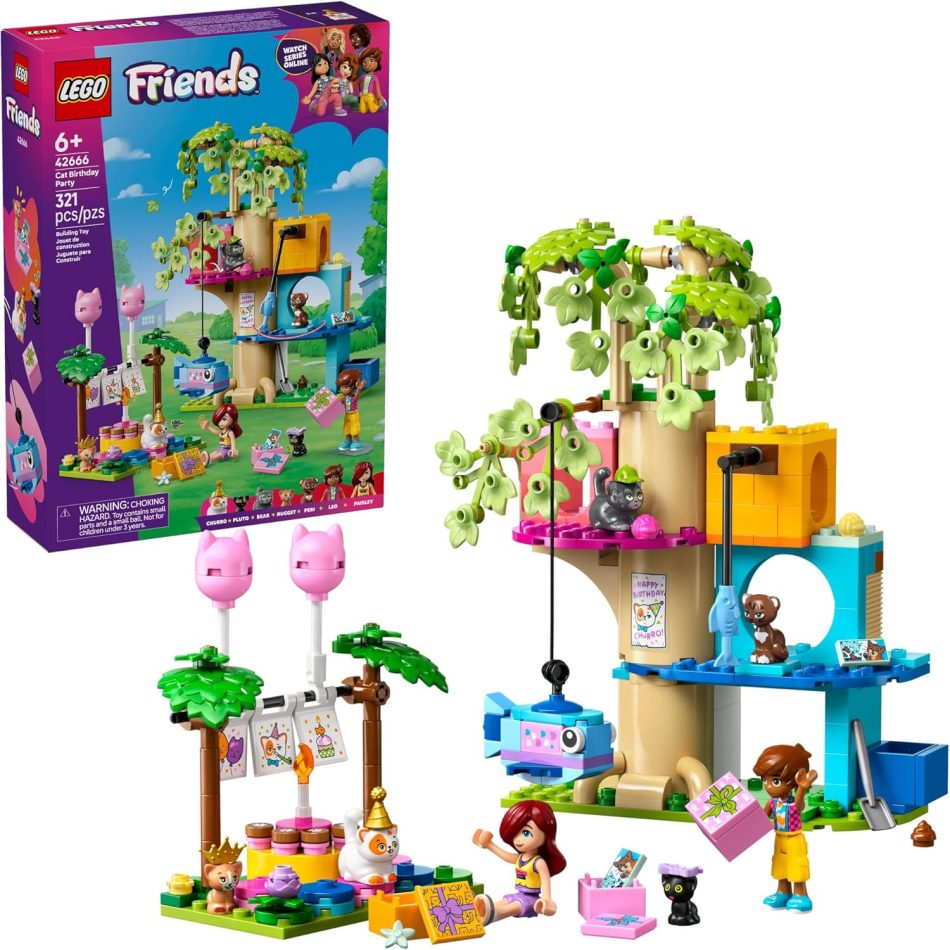 LEGO Friends Cat Birthday Party & Tree House Building Toy – Pretend Play Building Blocks W/Cat Toys & 2 Minidolls – Creative Storytelling Kids Toy for Girls and Boys, 9+ – Birthday Gift Idea- 42666