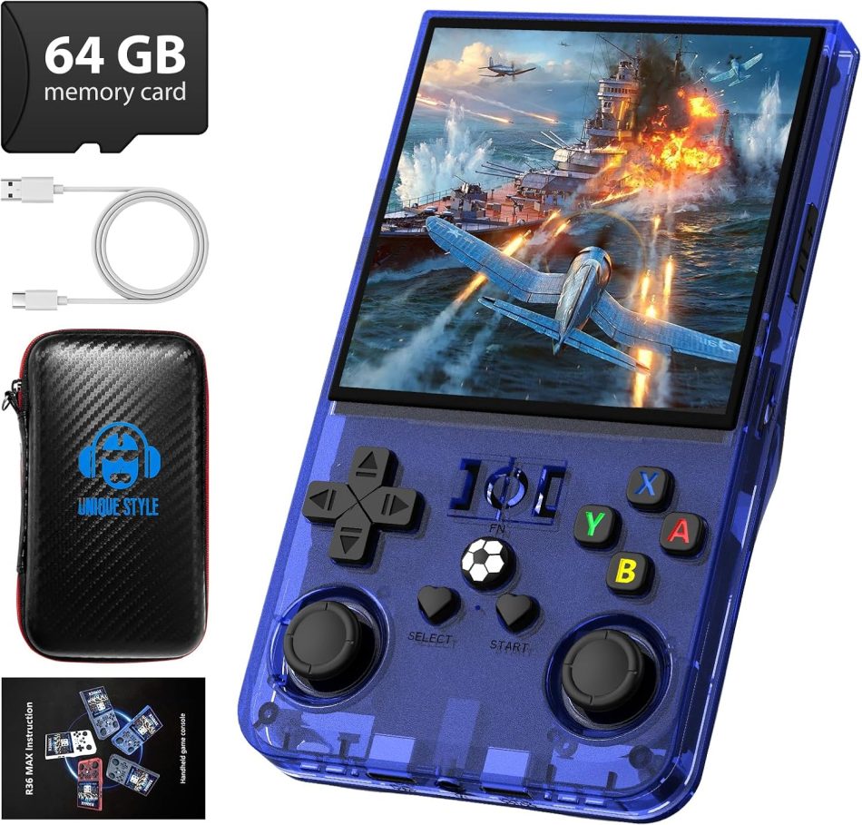 R36MAX Retro Handheld Game Console, 4.0 Inch 720×720 IPS Screen, 64GB Built-in 18,000+ Classic Game, Portable Hand Held Open Source Linux System, 4000mAh Battery Retro Gaming Console(Blue 64GB)