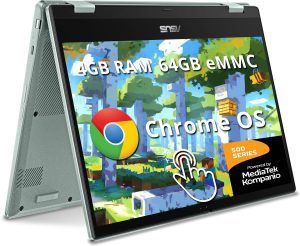 ASUS Chromebook Flip 14″ FHD Touch Laptop, MediaTek Kompanio 520, 4GB RAM, 64GB eMMC, MediaTek Integrated Graphics, 720p HD Webcam, Chrome OS, WiFi 6, Gray Green(Renewed)