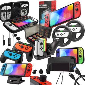 Orzly Accessory Bundle Kit designed for Nintendo switch Accessories Geeks and Oled console users Case and Screen protector, Joycon grips and Wheels for enhanced games play and more – Jet black