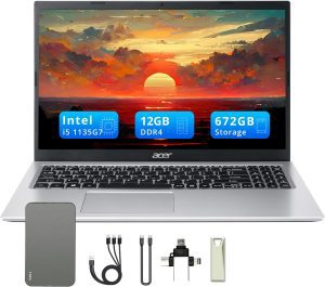 acer Aspire 3 15.6″ FHD Laptop, 12GB RAM, 672GB Storage(512GB SSD + 160GB Docking Station Set), Intel i5-1135G7, Intel Iris Xe Graphics, Numeric Pad, 720p HD Camera, WiFi, Windows 11 Home, Silver