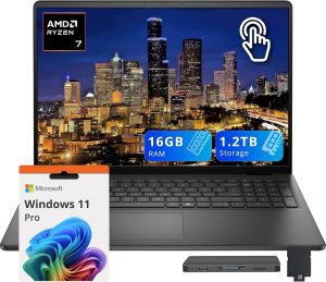 Dell 16″ FHD+ Touchscreen Business Laptop, AMD Ryzen 7 250, 16GB RAM, 1.2TB Storage(256GB SSD+1TB Docking Station Set), AMD Radeon Graphics, Backlit Keyboard, HD Webcam, Wi-Fi 6, Win 11 Pro, Black