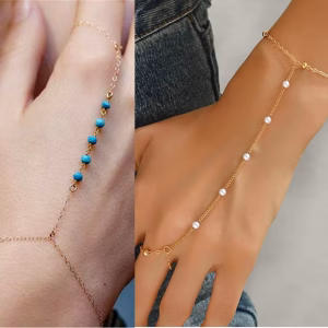 Turquoise Finger Ring Bracelets Adjustable Beach Jewelry for Women Gold Color Boho Pearl Hand Chain Bracelet Best Friend Gifts