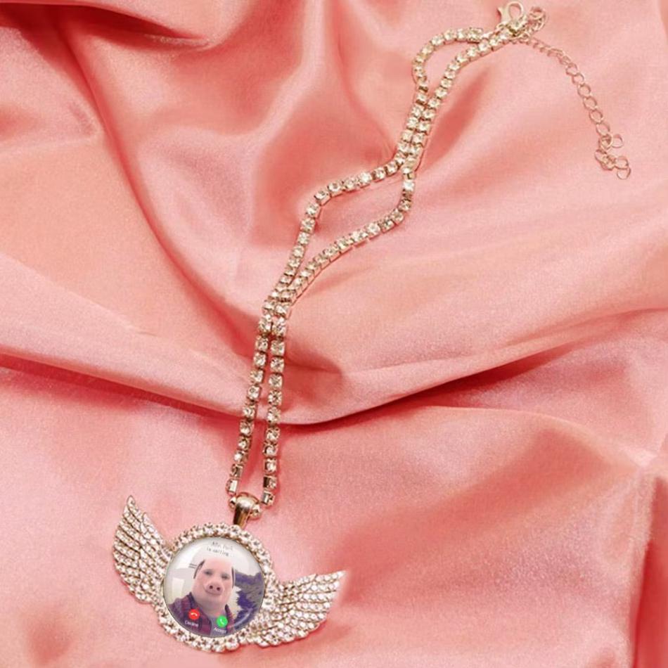 For John Pork Is Calling Pig Lover Graphic The Moon Answer Call Phone Humor Funny Necklace Angel Wings Pendant Necklace Jewelry