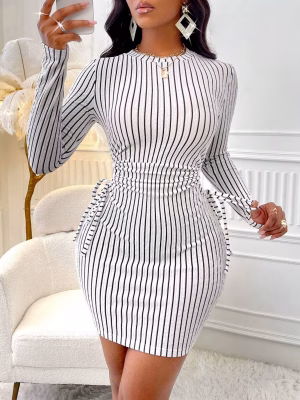 Women’s Striped Knit Long Sleeve Dress, Waist Cut Out Tie Design, Slim Fit Elegant Fall & Winter Fashion, Moderate Fabric Thickn