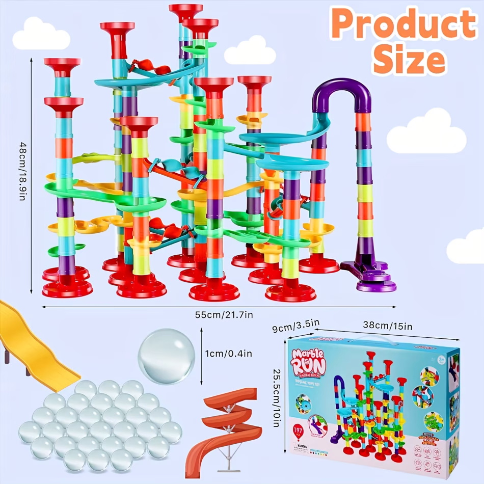 197pcs Marble Race Track Toys, Marble Run Set, Construction Building Blocks Game For Birthday STEM Gifts,Best Gift for Holidays