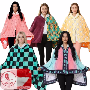 Autumn Winter Japanese Anime Tanjirou Kamado Green Black Checkered Pattern Cosplay Flannel Hooded Robe Home Warm Pink Blanket