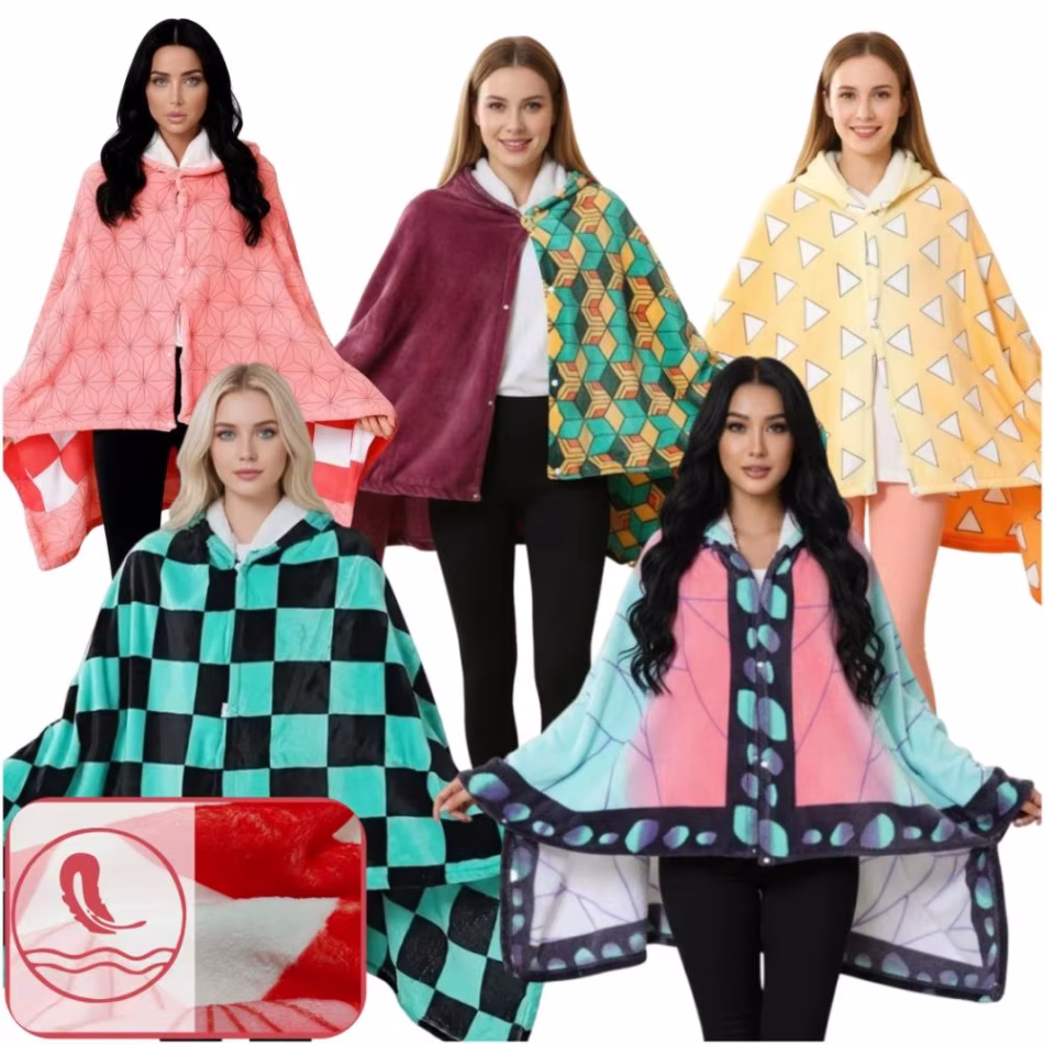 Autumn Winter Japanese Anime Tanjirou Kamado Green Black Checkered Pattern Cosplay Flannel Hooded Robe Home Warm Pink Blanket