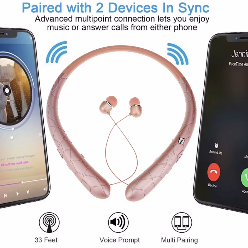 Neckband Headset Waterproof Stereo Earphones Bluetooth-Compatible5.0 Noise Canceling Retractable Earbuds for iPhone Samsung LG