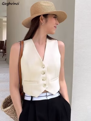 Vests Women Spring Retro Office Lady Comfortable Trendy V-neck Solid All-match Simple Korean Style Elegant Design Fit Leisure