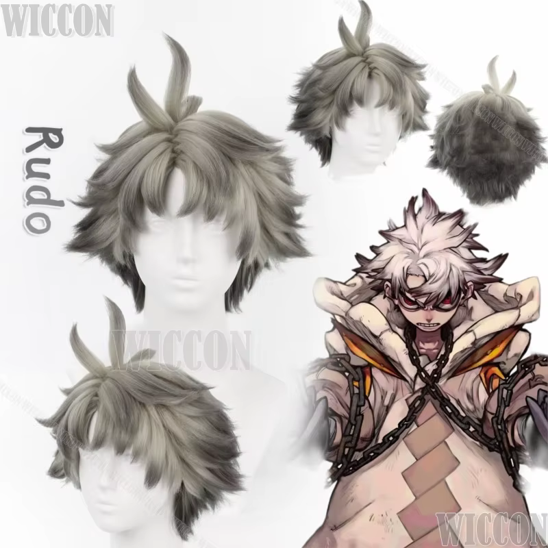 Rudo Surebrec Anime Gachiakuta Cosplay Costume Gray Brown Wig Curly Hair Man Outfit Cos Accessories Halloween Party Roleplay