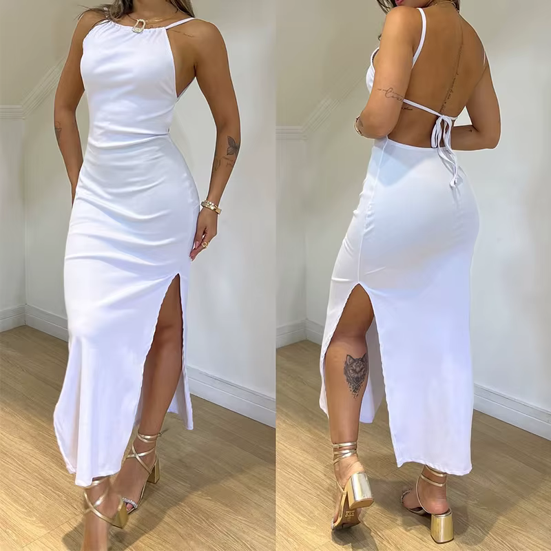 European and American best-selling beach-style halter-neck backless knitted sexy strapless long dress