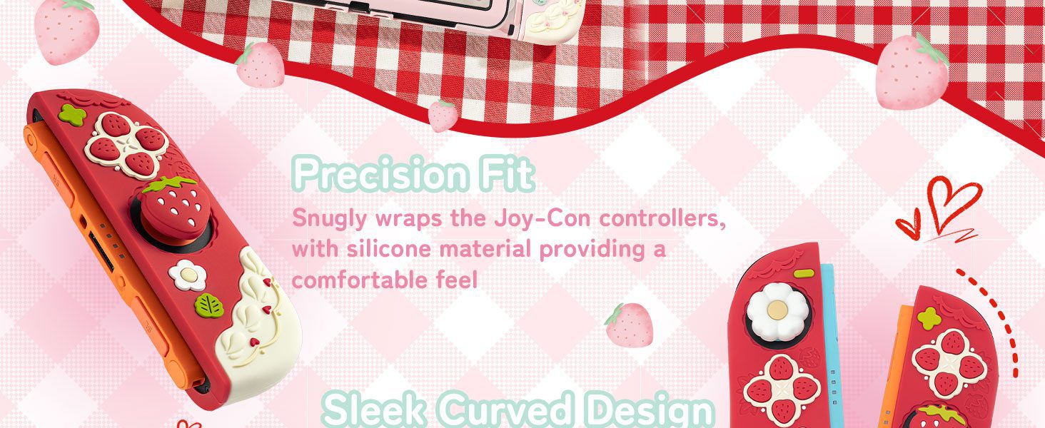 Text reads 'Precision Fit' and 'Sleek Curved Design'. Pink and white checkered background with partial product elements visible.