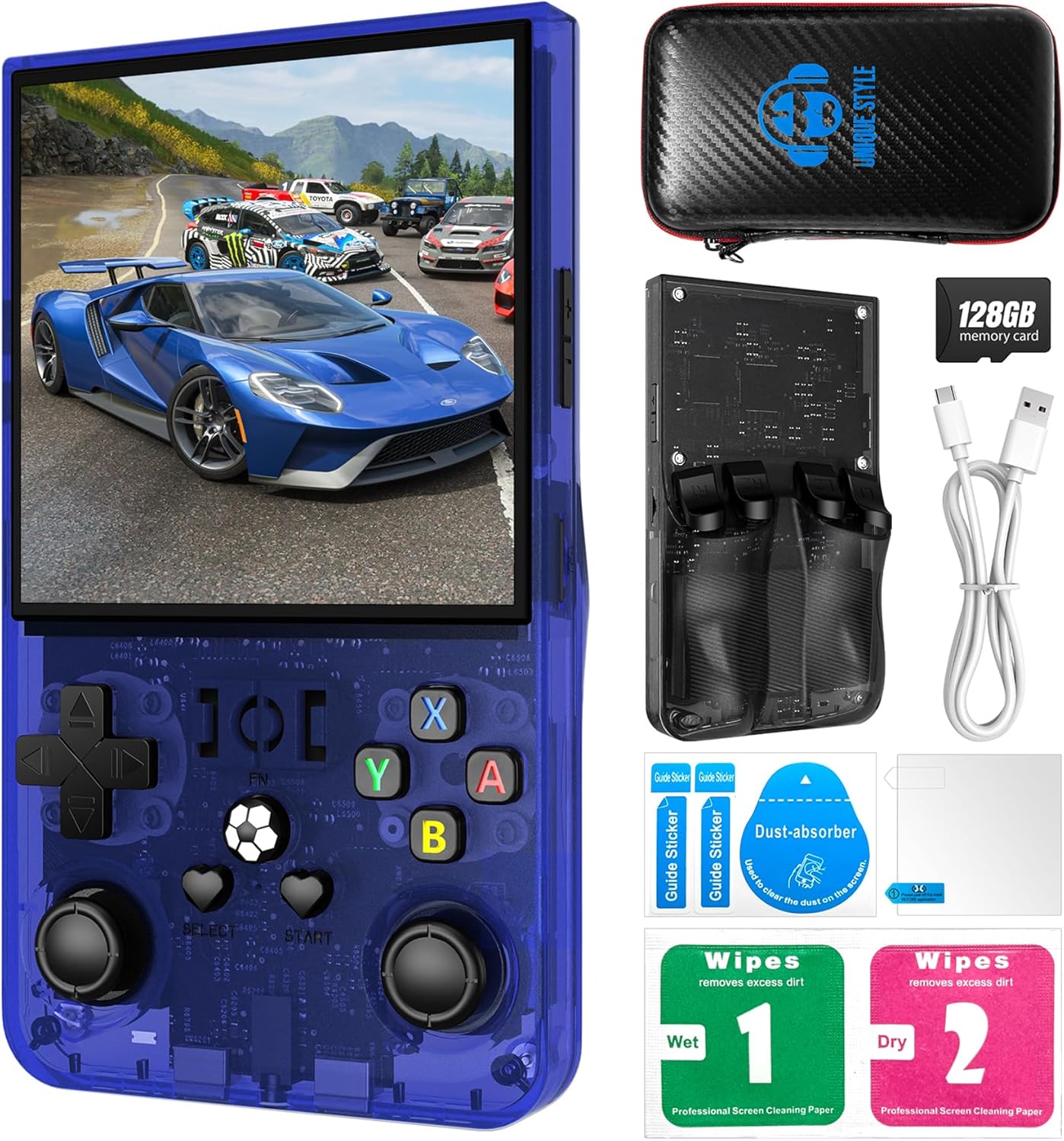 R36MAX Retro Handheld Game Console, 4.0-Inch IPS Display, 720×720 Resolution, Linux System, 64GB Support 18,000+ Classic Games, 4000mah Battery, with Portable Case(Blue)