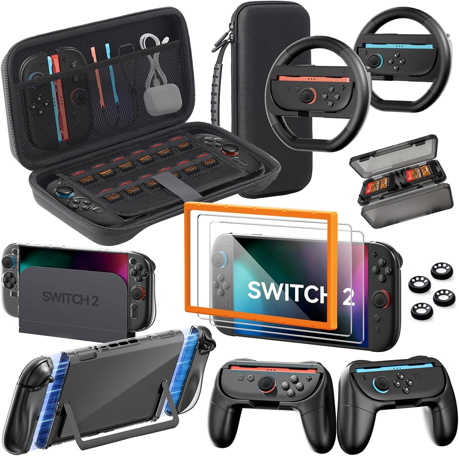 Accessories Bundle for Nintendo Switch 2, 16-in-1: Carrying Case, 2 Screen Protectors, Steering Wheel, Grip for Joycon Controller, Dockable Console Protective Cover Shell, etc. 2025 Switch2 Game Kit