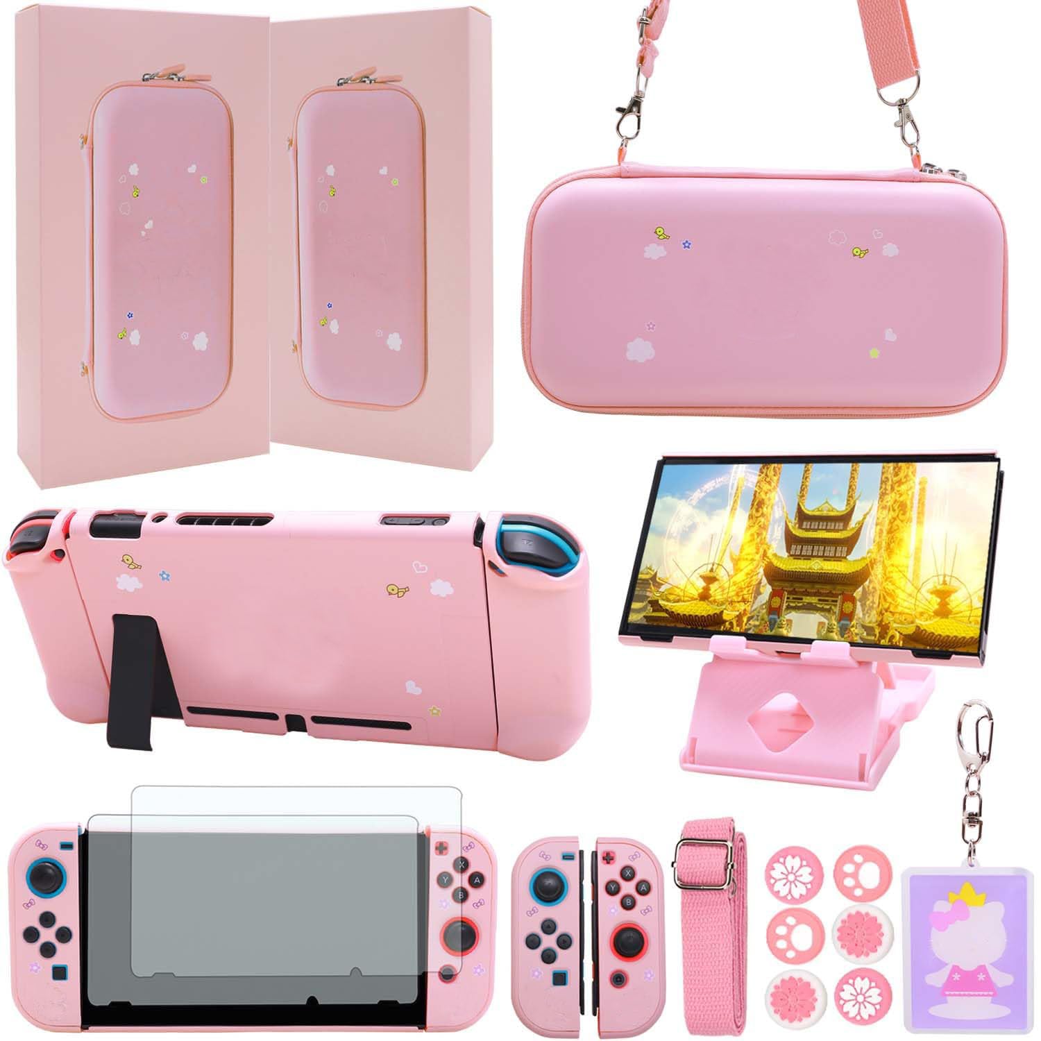 GUTIAL Accessories Bundle for Nintendo Switch – Cute Kawaii NS Accessories kit for Grils Boys Kids with Travel Carrying Case and Cartoon Dockable Protective Cover Case, Screen Protector, Stand – Pink