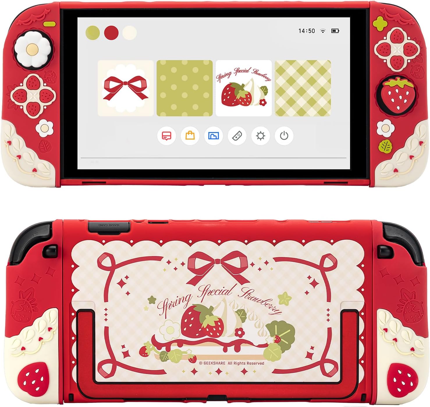 GeekShare Strawberries with Cream Case Compatible with Switch 2, Slim Separable Soft Silicone Protective Shell with 2 Thumb Grip Caps — Red