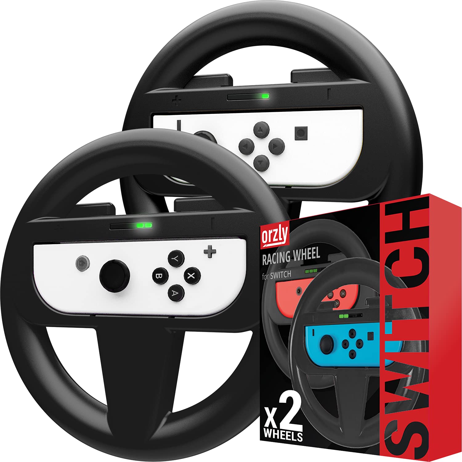 Orzly Steering Wheels for Nintendo Switch & OLED Console JoyCons, Racing Wheels for Mario Kart 8 Deluxe [Mariokart Switch Steering Wheel Joycon Controller Attachment Accessories]-TWIN PACK [2X Black]