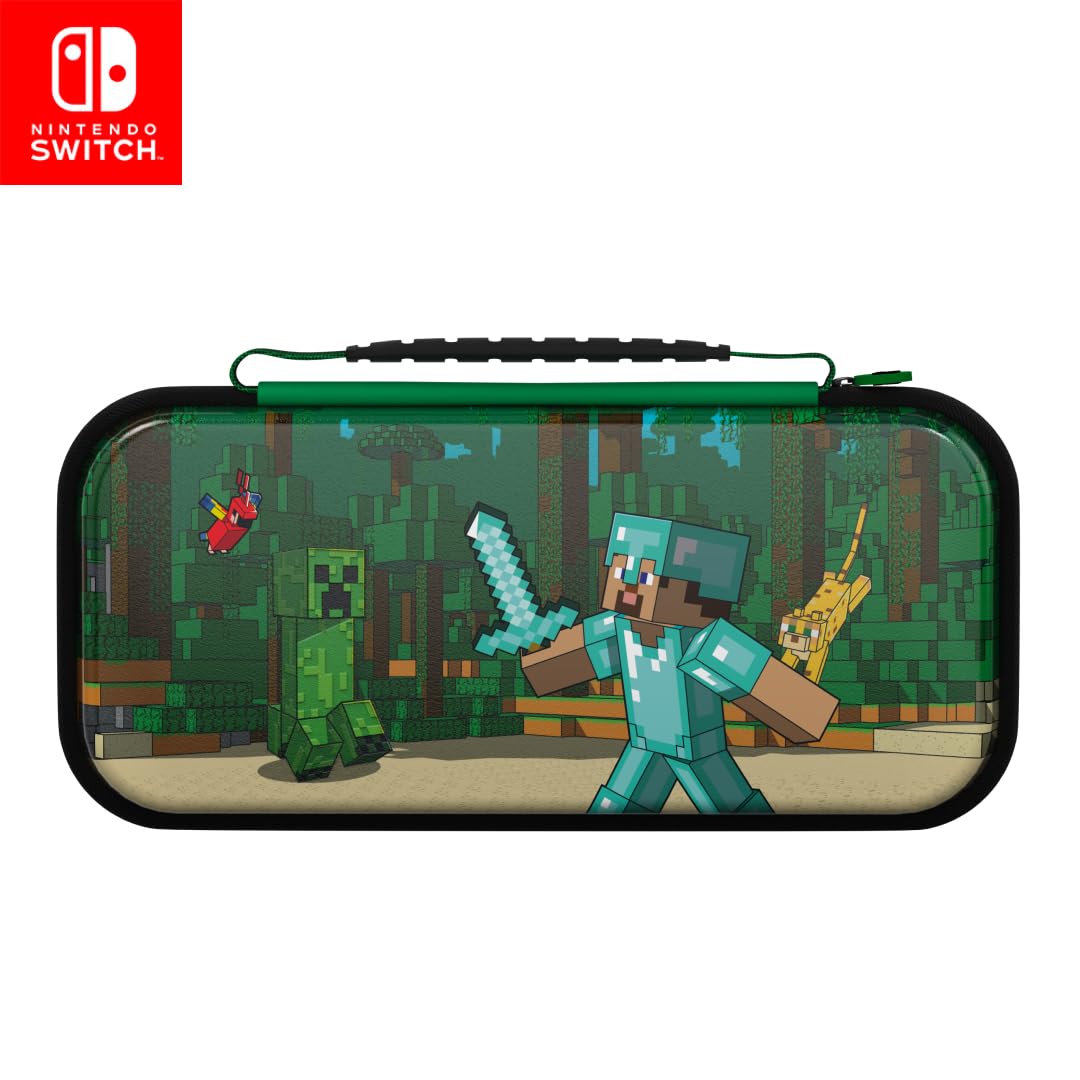 PDP REALMz Nintendo Switch Travel Case Plus GLOW with Wrist Strap, Built-in Stand & Game Storage Pockets, Officially Licensed: Minecraft Forest Battle (Glow in the Dark)