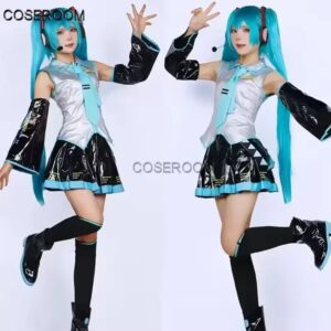 Miku Cosplay Silver Leather Fabric Suit Miku Cosplay Costume JK Sailor Dress High School Halloween Uniform Wig