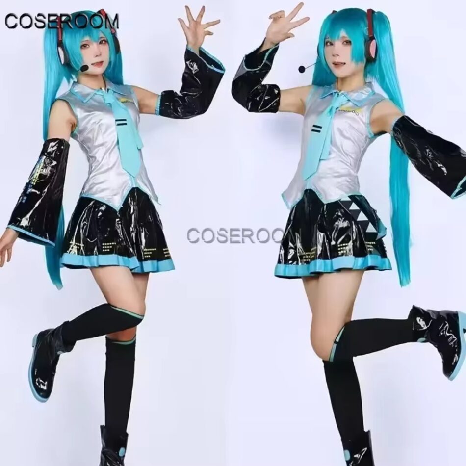 Miku Cosplay Silver Leather Fabric Suit Miku Cosplay Costume JK Sailor Dress High School Halloween Uniform Wig