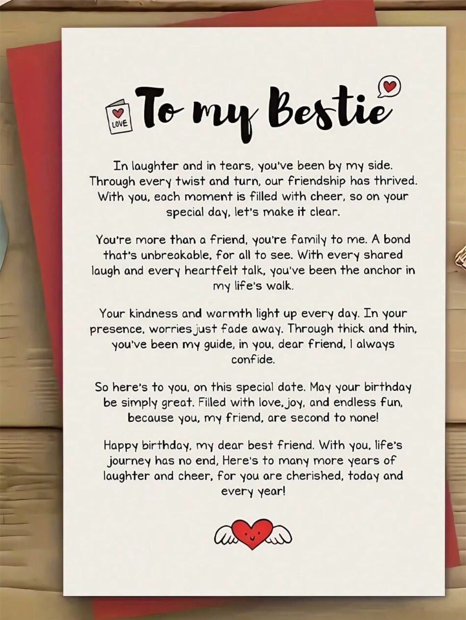 High-Quality Birthday Greeting Card -1pc Heartfelt For Best Friend – With Envelope, Thoughtful Poetry And Love With Wings Design