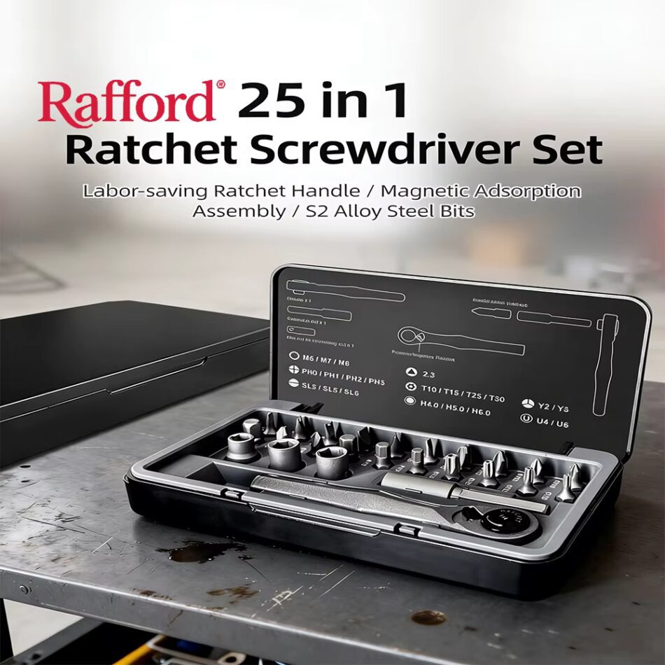 Best-selling Rafford Ratchet Screwdriver Set: quick-change bits, full sizes, compact & portable – perfect for home repairs.