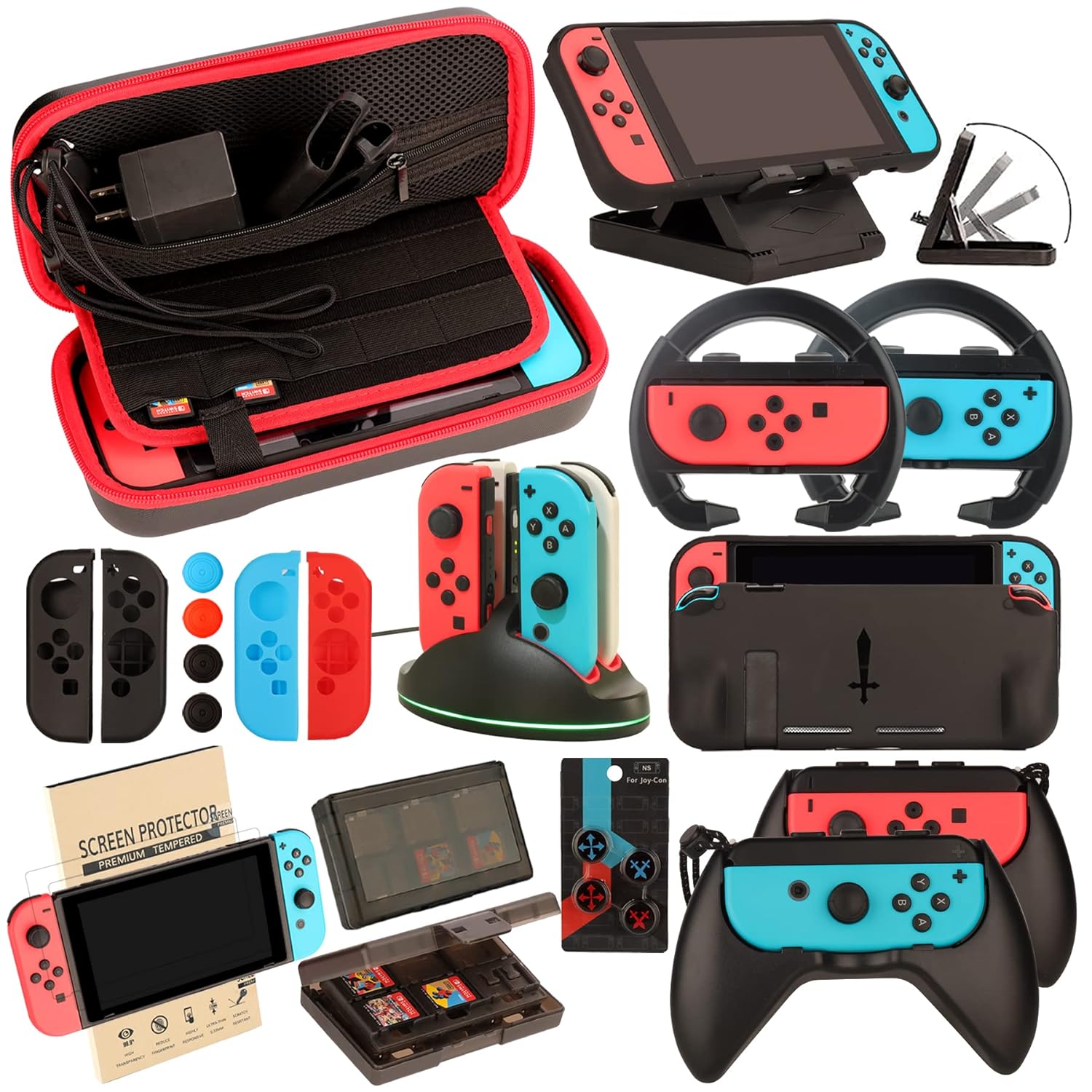 Switch Accessories Bundle for Nintendo Switch: Carrying Case, Screen Protector, Joycon Grips, Steering Wheels, Charging Dock, Playstand, Comfort Joy-Con Case and More (23 in 1) Switch Accessories Bundle for Nintendo Switch: Carrying Case, Screen Protector, Joycon Grips, Steering Wheels, Charging Dock, Playstand, Comfort Joy-Con Case and More (23 in 1)