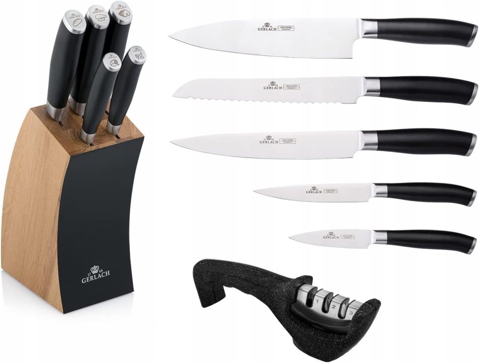 Gerlach Deco Black Knife Set Beech Wooden Block Knife Sharpener for Kitchen 5 Kinds of Knives Durable Hard Stainless Steel Handle with ABS Kitchen Knife Chef Knife Bread Vegetable