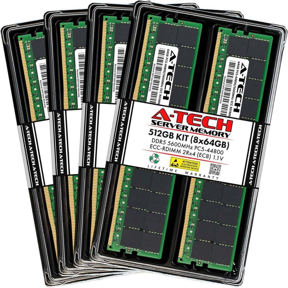 A-Tech 512GB Kit (8x64GB) DDR5 5600MHz PC5-44800 ECC RDIMM 2Rx4 (EC8 10×4) Dual Rank 1.1V ECC Registered DIMM 288-Pin Server RAM Memory Upgrade Modules (A-Tech Enterprise Series)
