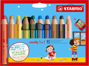 STABILO – woody 3-in-1 – Multi-Talented Pencil – Pack of 10 – Assorted colors with Sharpener