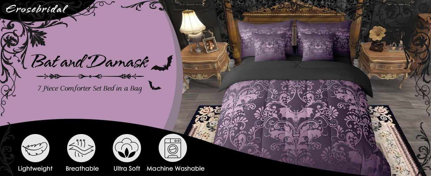 Gothic Damask Bed in a Bag Queen Comforter Set 7 Piece,Halloween Bat Bedding Sets 