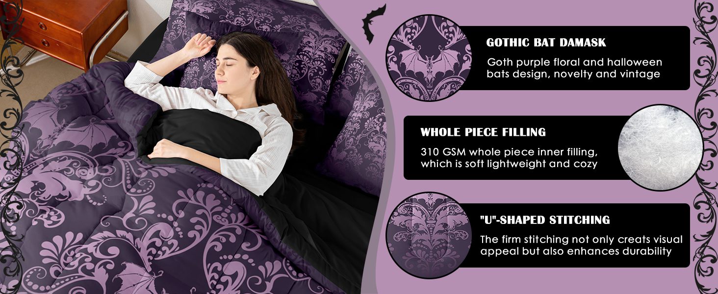 Purple Victorian Floral Goth Sheet Set with Comforter