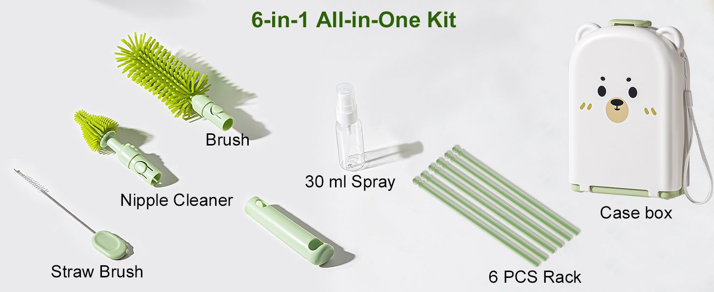 6-Piece Set with Brushes, Drying Rack &amp; Case – All-in-One Baby Bottle Kit