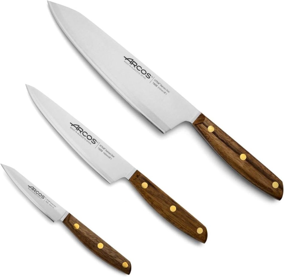Arcos Nordika Series 3-Piece Professional Knife Set – High Precision Nitrum Stainless Steel Blades, FSC-Certified. 100% Natural Ovengkol Wood Handles