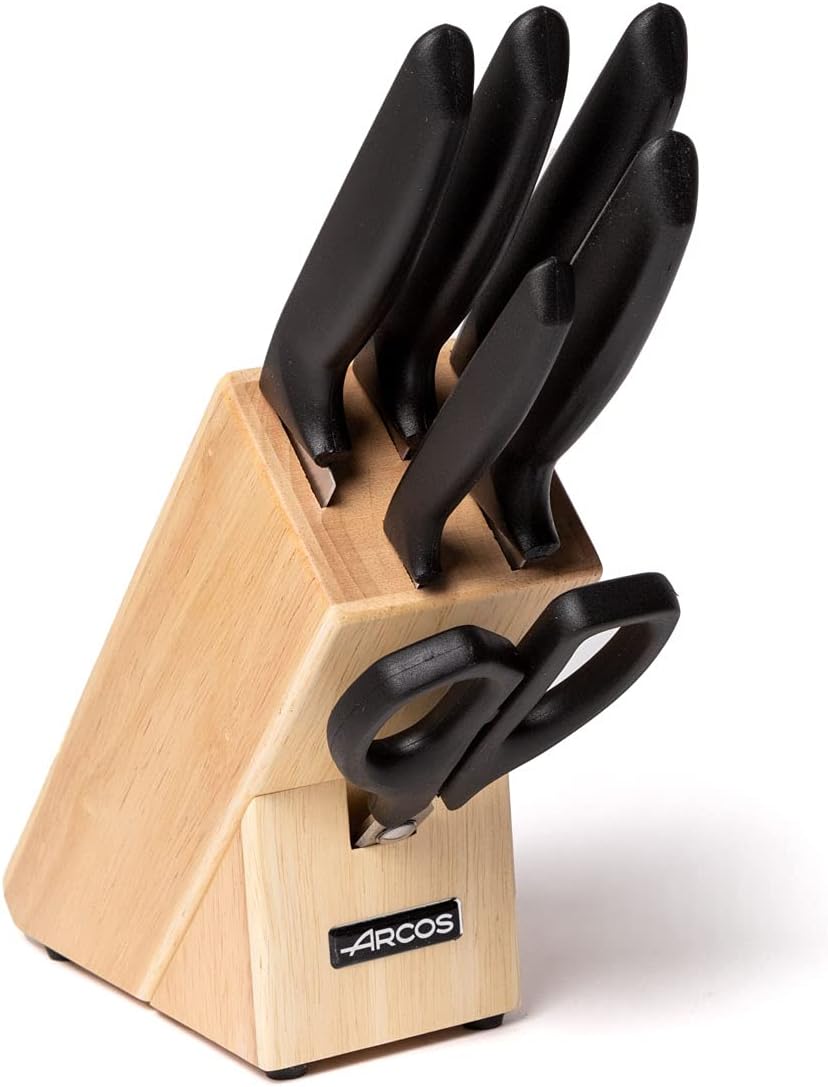 Arcos 6 Piece Kitchen Knife Set with Block. 5 Chef Knives and 1 Scissors of Stainless Steel and Ergonomic Polypropylene Handle for Cutting Meat, Fish and Vegetables. Series Niza. Color Black