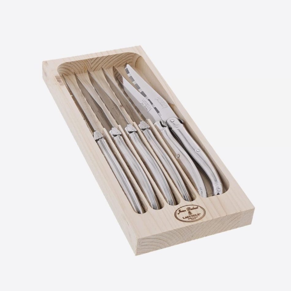 Jean Dubost Laguiole 6-Piece Steak Knife Set, Stainless Steel Handles – 2.5 mm Blades – Rust-Resistant Stainless Steel – Includes Wooden Tray – Made in France
