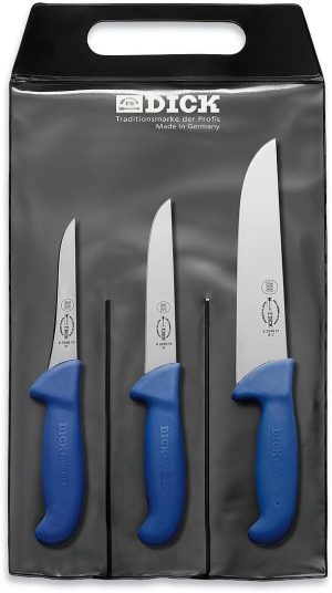 F. DICK – ErgoGrip Knife Set 3 Pieces – Boning knife with 8.11″, Wide Boning Knife 8.11″ & Block Knife – 56 HRC – Ideal for processing meat – Stainless steel – Ultra sharp – Ergonomic handle