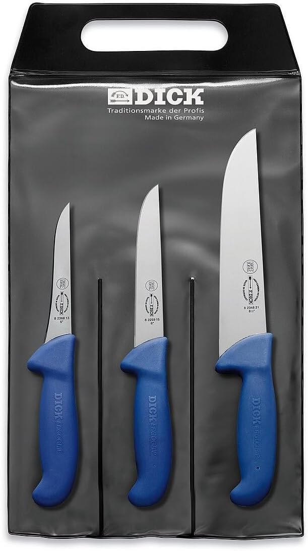F. DICK – ErgoGrip Knife Set 3 Pieces – Boning knife with 8.11″, Wide Boning Knife 8.11″ & Block Knife – 56 HRC – Ideal for processing meat – Stainless steel – Ultra sharp – Ergonomic handle
