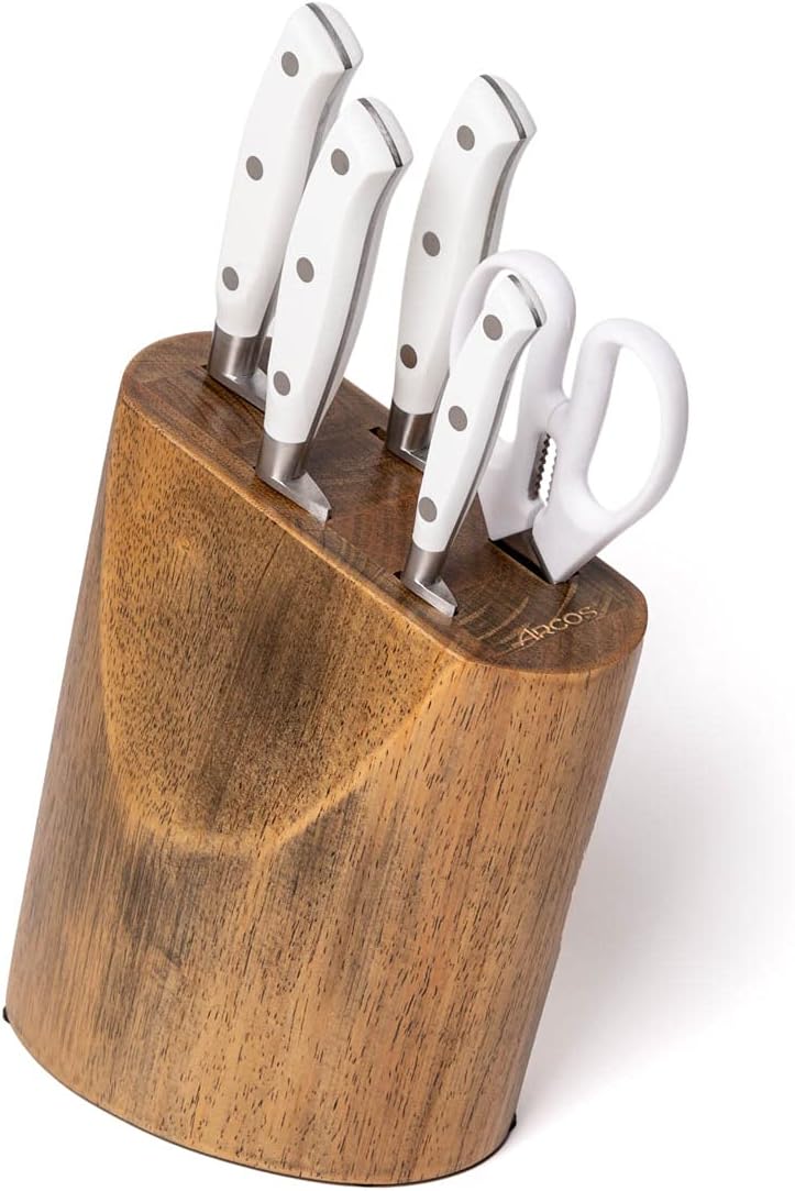 Arcos Forged Knife Block 5 pieces Nitrum Stainless Steel. 4 Professional Kitchen Knives with Ergonomic Polyoxymethylene POM Handle. Series Riviera Blanc. Color White