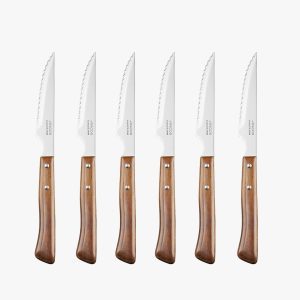 Arcos Steak Knives Set of 6 in Stainless Steel. Meat Knife Pack with Pearl Edge for Cutting and Fillet. Serrated Blade and Beech Wood Handle. Series Mesa