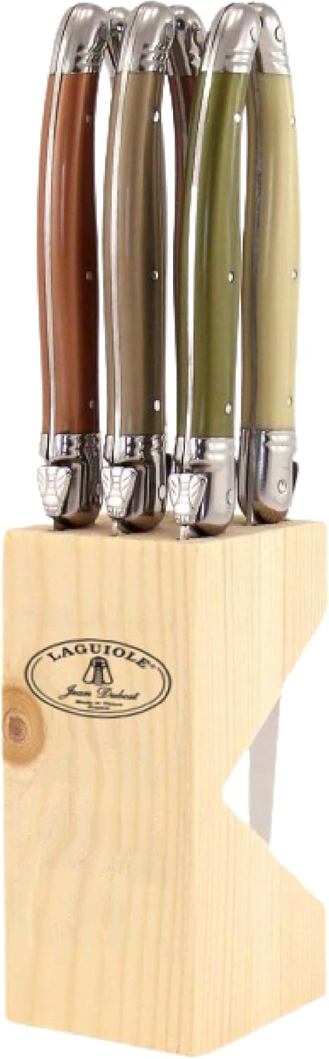 Jean Dubost Laguiole 6-Piece Steak Knife Set, Mineral Handles – 1.2 mm Blades – Rust-Resistant Stainless Steel – Includes Wooden Block – Made in France