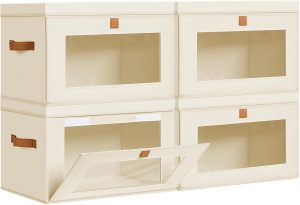 DIMJ Storage Bins with Lids – 4 Pack Large Fabric Closet Organizer with Window & Handles, Collapsible Decorative Storage Boxes for Shelves Under Bed, Books Clothes Blankets Sweaters Organization