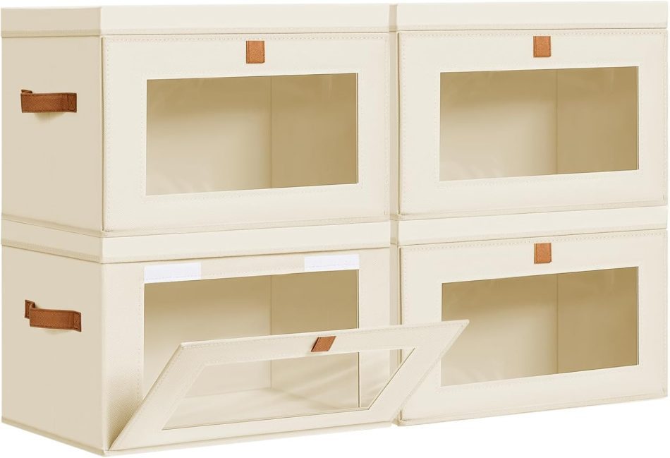 DIMJ Storage Bins with Lids – 4 Pack Large Fabric Closet Organizer with Window & Handles, Collapsible Decorative Storage Boxes for Shelves Under Bed, Books Clothes Blankets Sweaters Organization