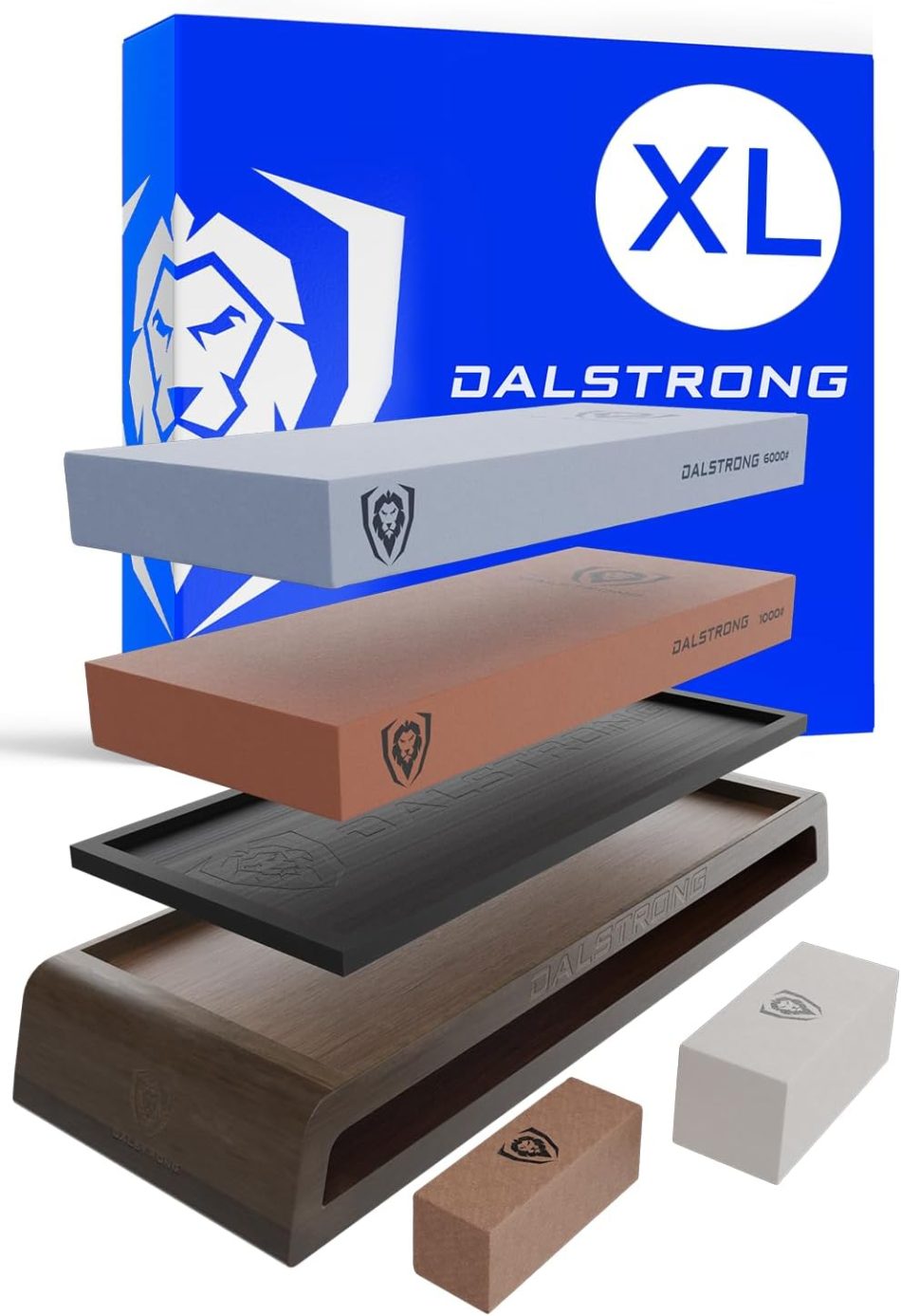 Dalstrong Whetstone Set #1000/#6000 — XL Corundum Sharpening Stones — For Restoring Dull Knives, Maintaining Any Kitchen Blade, Beginner to Pro — Non-Slip Base, Angle Guide, Customer Support
