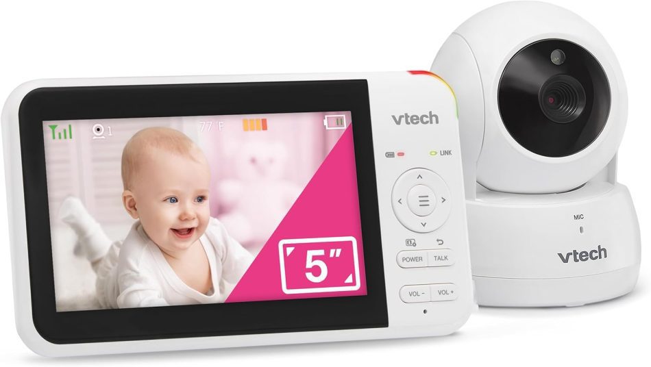 VTech Baby Monitor No WiFi, 5″ Screen & Remote Pan-Tilt-Zoom for Newborns – Hack-Proof, 17Hr Battery, 1000ft Range, Auto Night Vision, Temperature Sensor, Two-Way Talk | VM924