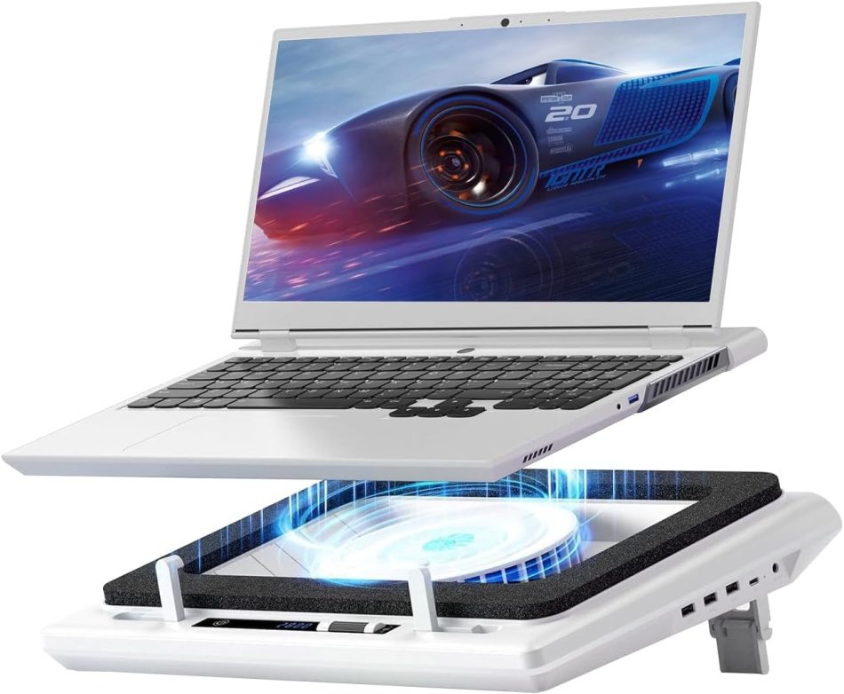 llano V12 Laptop Cooling Pad with 5.5″ Turbofan – High-Speed Cooling for 15-19 Inch Gaming Laptops, Adjustable Speed & Touch Control, 3-Port USB Hub, with Mousepad, White (No RGB)