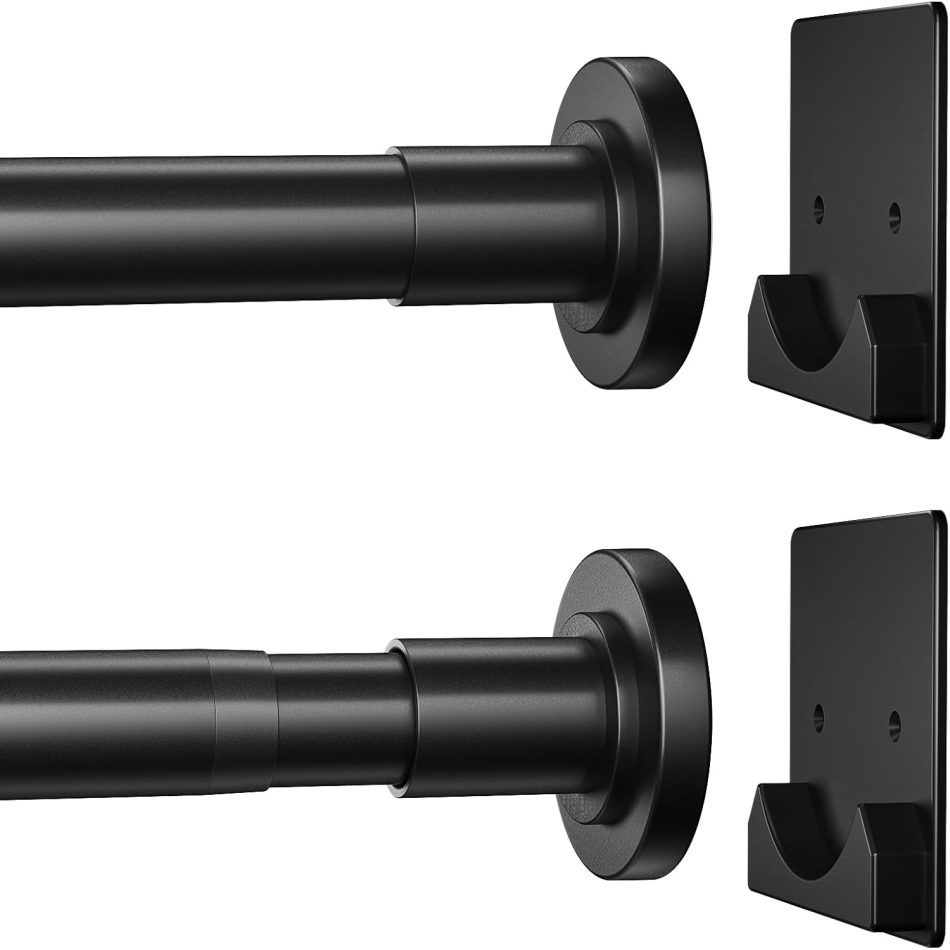 CorkLatta Matte Black Shower Curtain Rod,1 Inch Diameter Stainless Steel Adjustable Spring Tension Rods 32 to 80″,with Holders,Anti-Slip,Curtain Rods No Drilling(1 Pack)